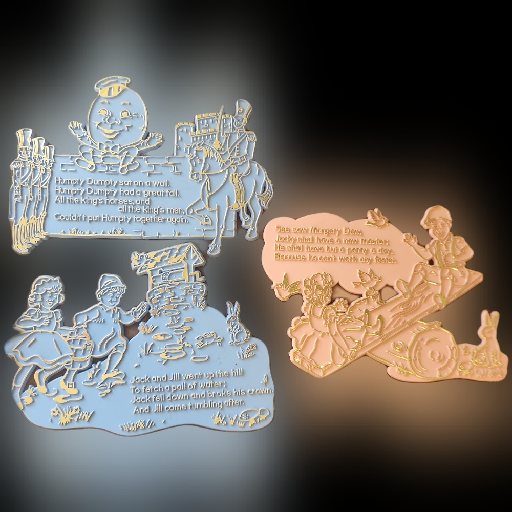 1969 Invicta Plastics Limited 2 Blue & 1 Pink Nursery Rhyme Plaques